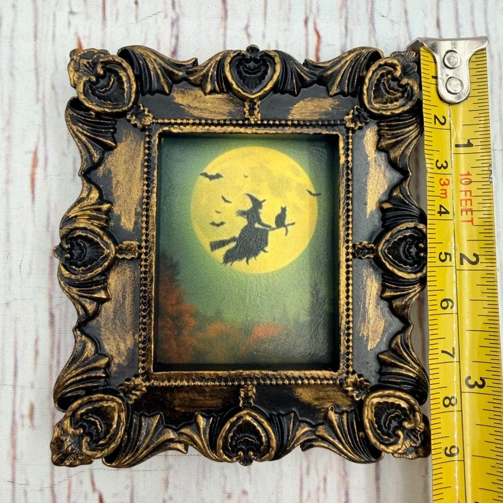 Halloween Witch Moon Bats Miniature Art Print Ornate Black Gold Resin Frame 3in
